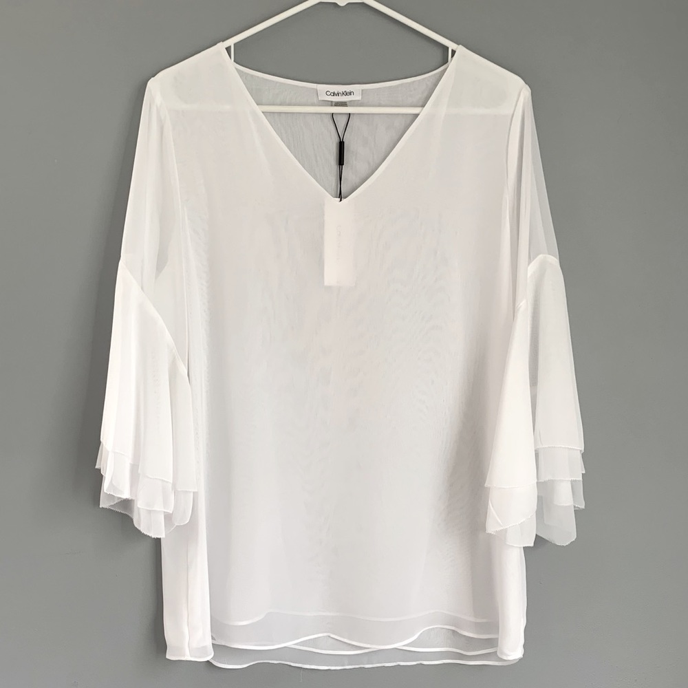 Calvin Klein Sheer Top with Ruffle Sleeves